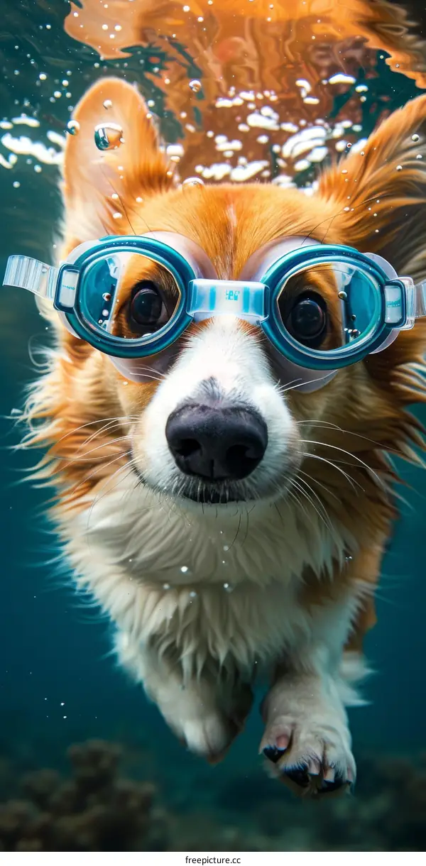 A cute dog wearing swimming goggles swims underwater