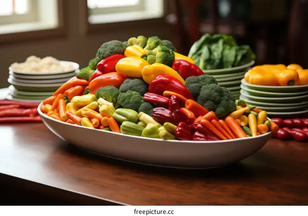 A colorful and healthy vegetable platter with broccoli, carrots, and peppers