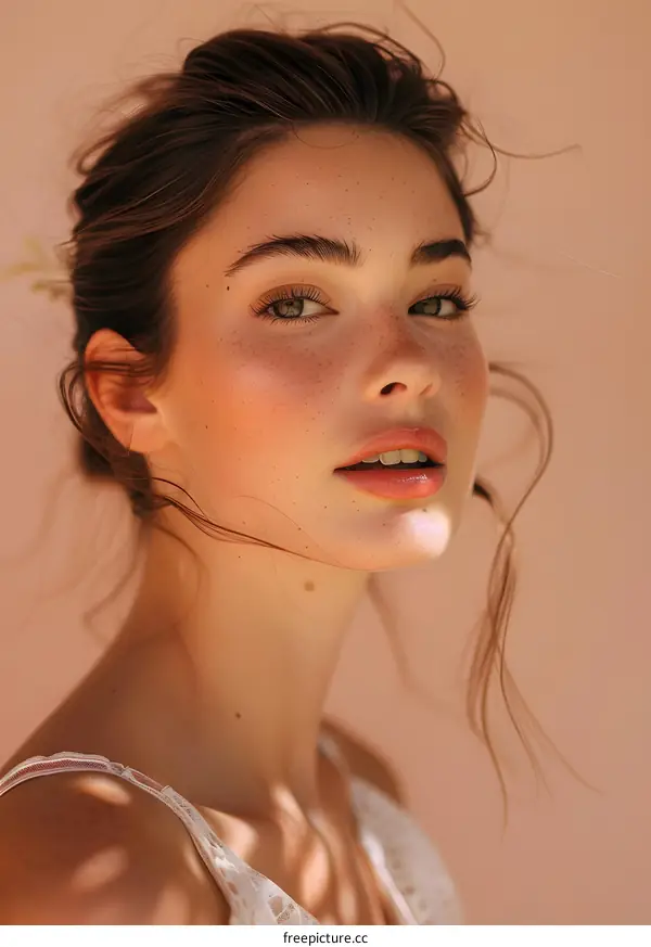 portrait of a young woman with freckles and green eyes