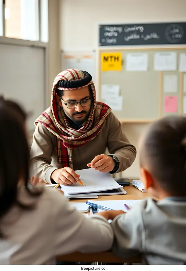 Male Teacher Wearing Traditional Headscarf Teaching Kids in Classroom