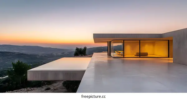 Modern House with Infinity Pool Overlooking Hills at Sunset