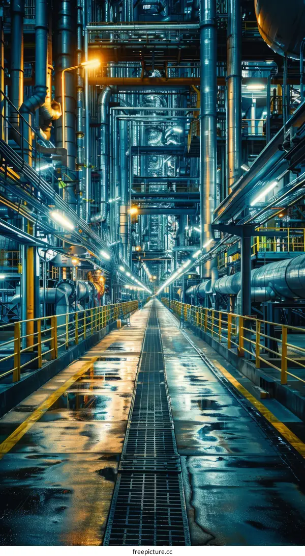 An industrial landscape of intricate pipes, valves and machinery