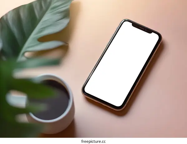 Smartphone Mockup on Pink Background with Coffee and Plant