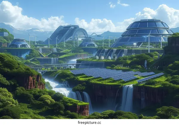 Futuristic city with green energy sources and waterfalls