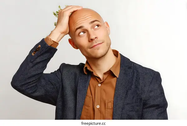 Businessman with a plant on his head in contemplation