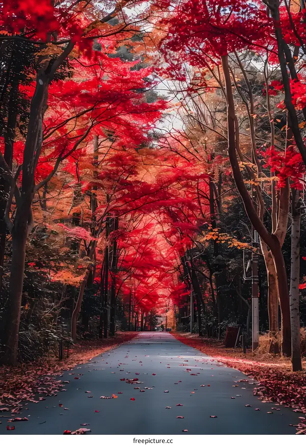 vibrant red maple trees line a path in a city park