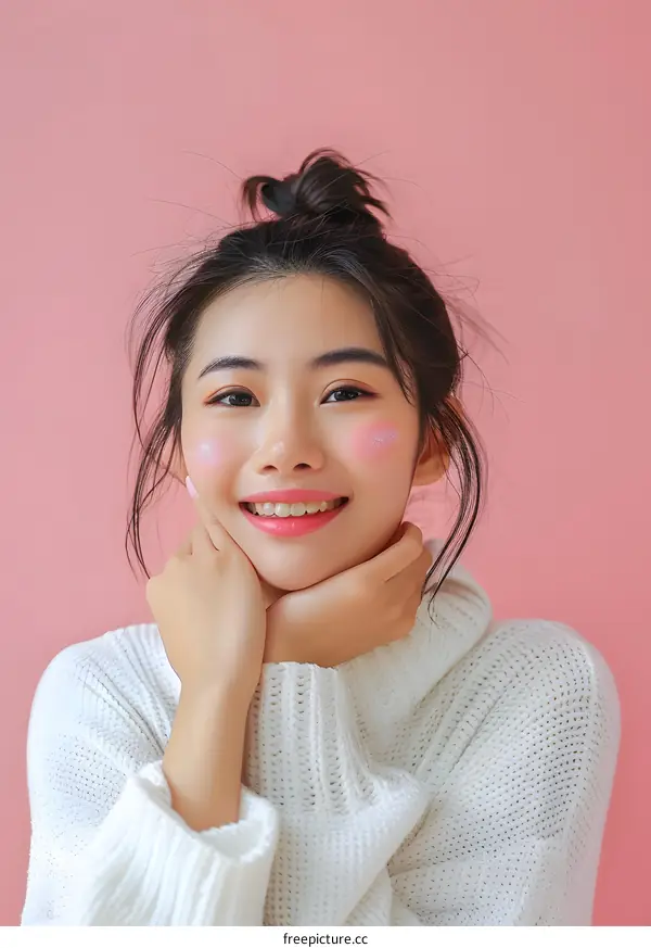 Portrait of a smiling Asian woman in a white sweater against a pink background