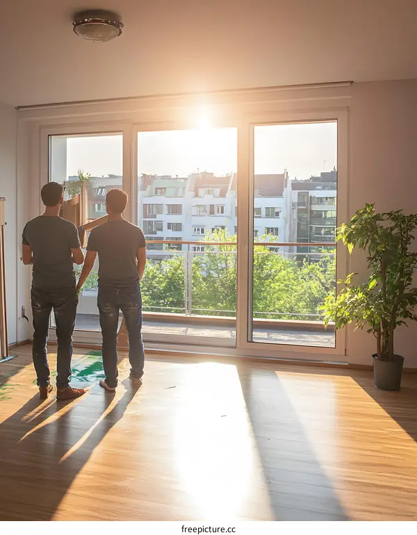 Two Men Looking Out Window In Apartment