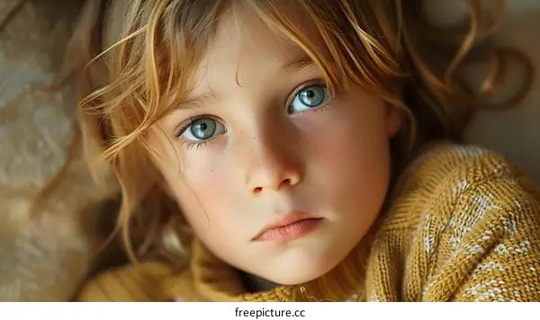 Portrait of a young girl with freckles and blue eyes