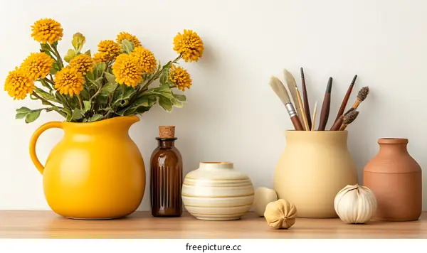Yellow Flowers and Vases on Wooden Tabletop