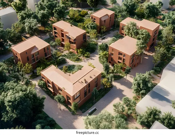 Aerial View of Modern Brick Townhouses with Green Trees and Landscaping