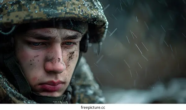 Portrait of a young soldier in the rain