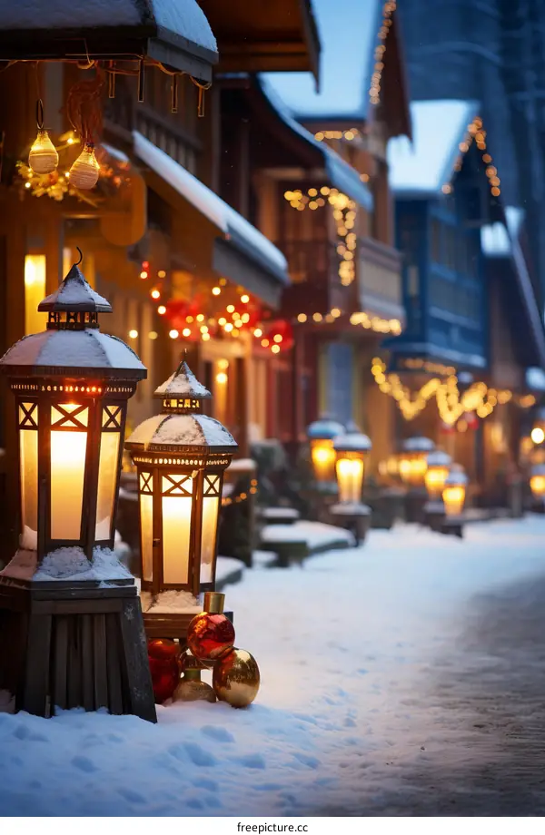 Snowy Street with Traditional European Style Buildings Decorated for Christmas