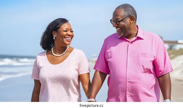 African American Couple Holding Hands Walking On Beach