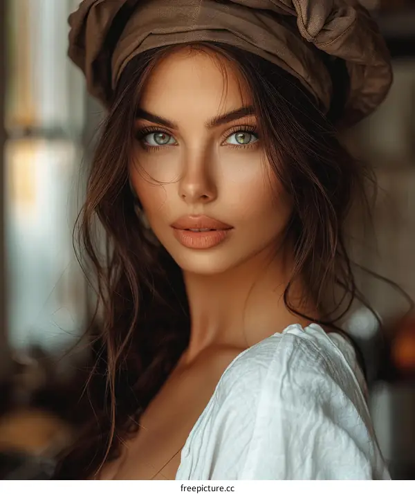 portrait of a beautiful young woman in a brown headscarf