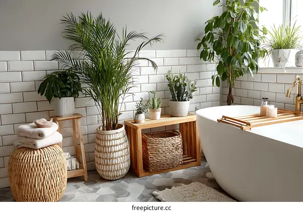 Modern Botanical Bathroom with White Bathtub