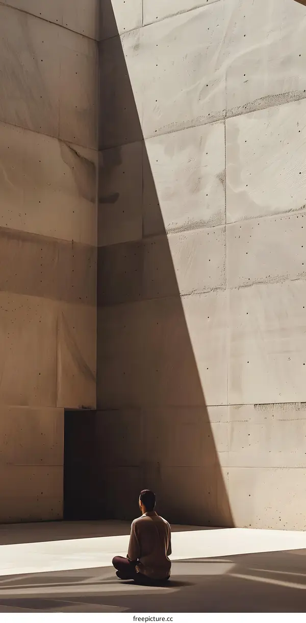 Man Sitting in a Concrete Room with Sunlight Shining Through