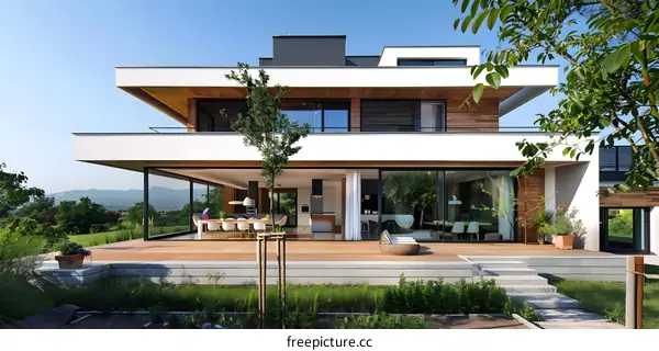 Modern Two Story House with Wood and White Exterior