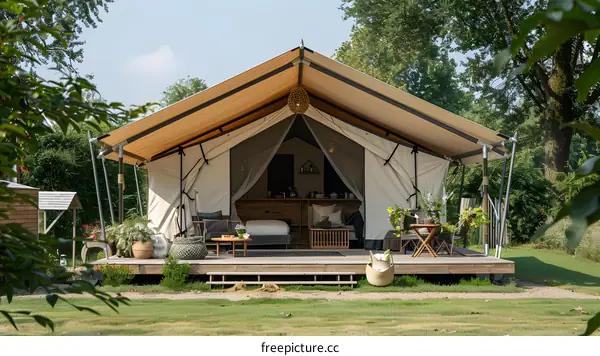 Luxury Glamping Tent with Wooden Deck and Green Grass