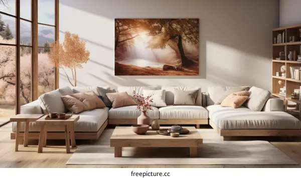 A beautiful living room with a large painting of a forest on the wall