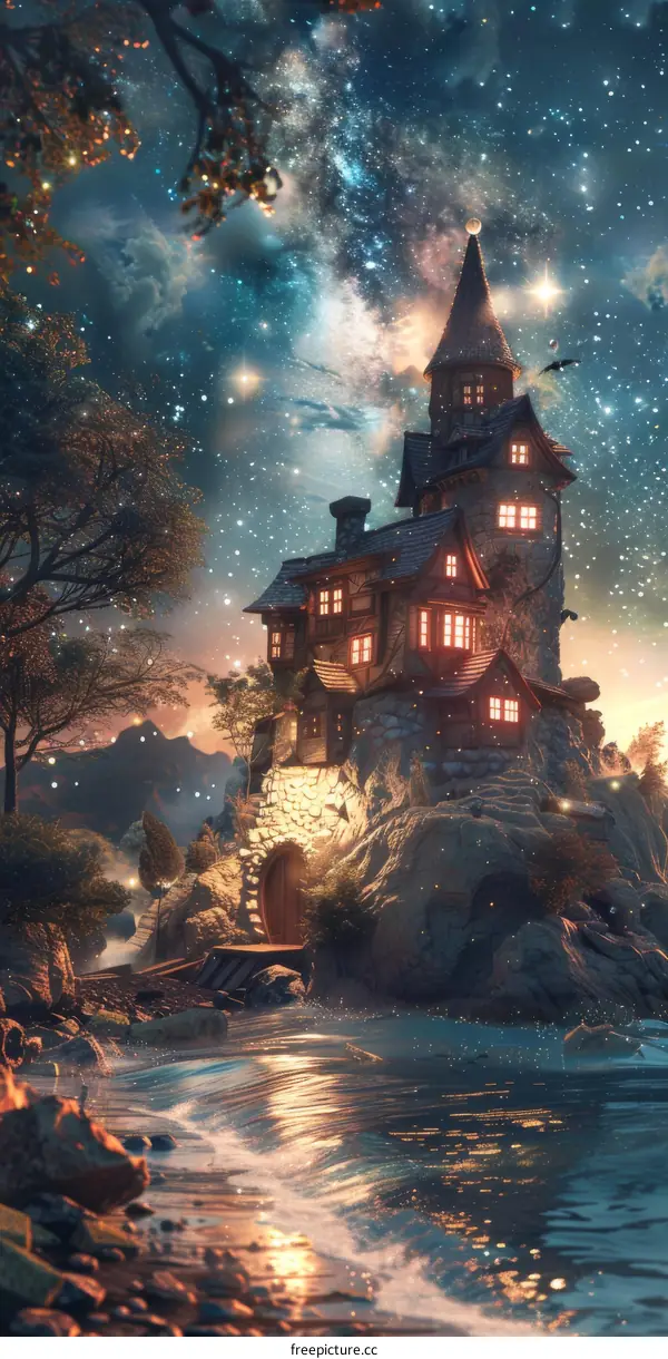 Fantasy House on the Tranquil Lake Under the Night Sky