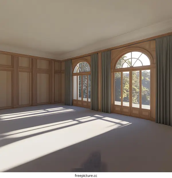 Empty Room With Large Windows and Wooden Paneling