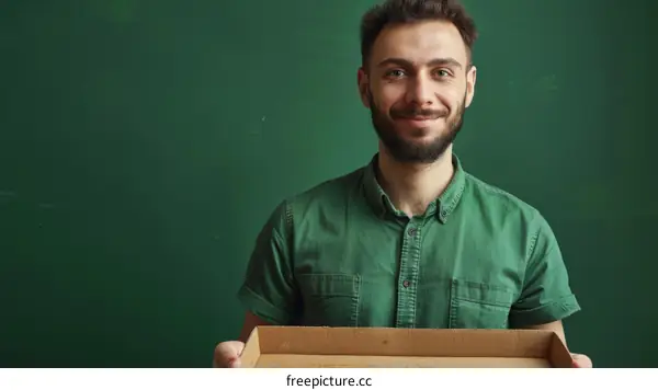 Bearded man holding an empty pizza box
