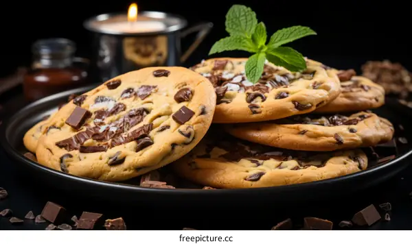 A plate of chocolate chip cookies with a lit candle in the background