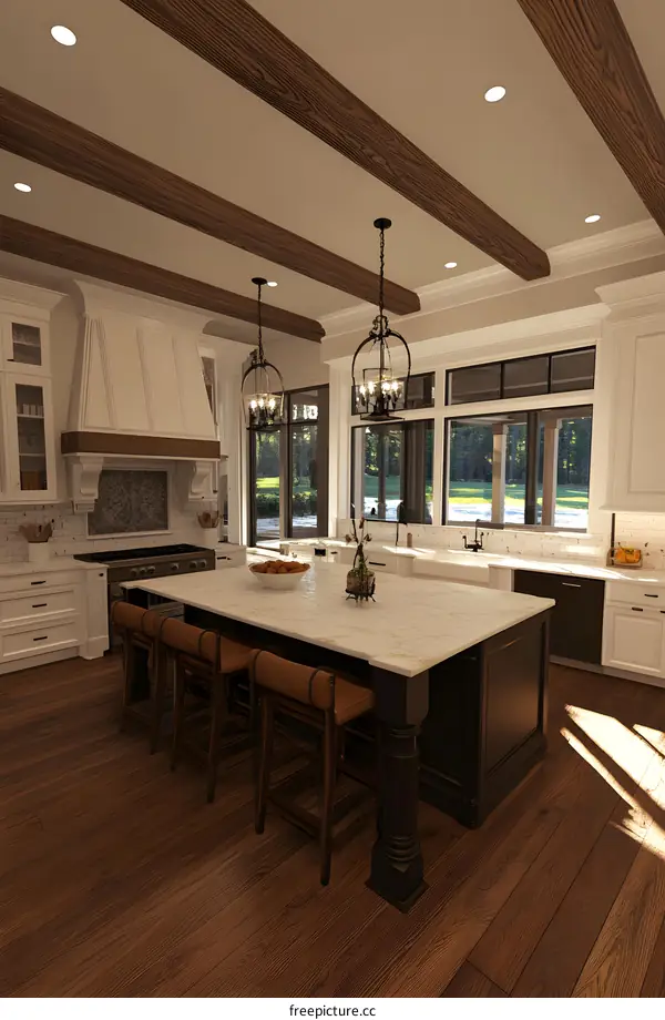 Kitchen Interior Design With Wooden Beams And White Cabinets