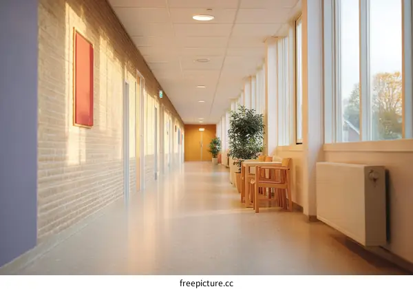 Empty Hospital Corridor with Sunlight
