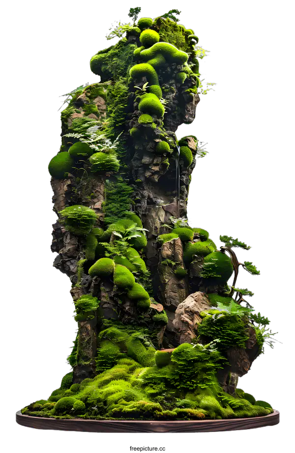 [Transparent Background PNG]Green Mossy Rock Formation with Water Feature