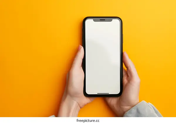 Hands Holding Smartphone With White Screen On Yellow Background