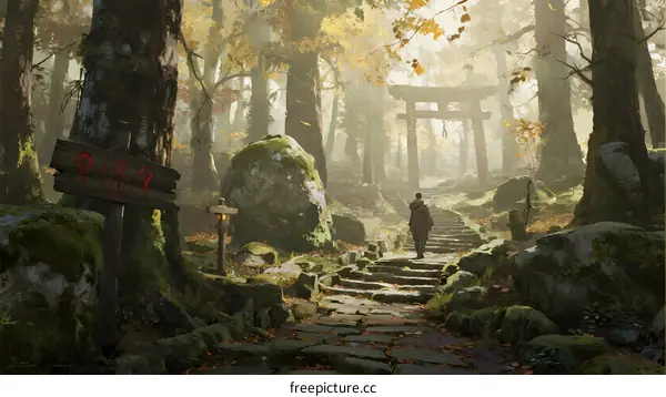Misty Forest Path Leading to Traditional Japanese Shrine Torii Gate