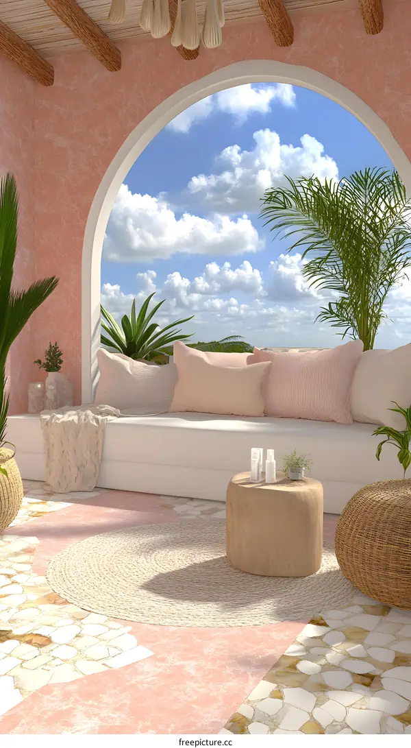 Pink Terrace with Archway and Ocean View