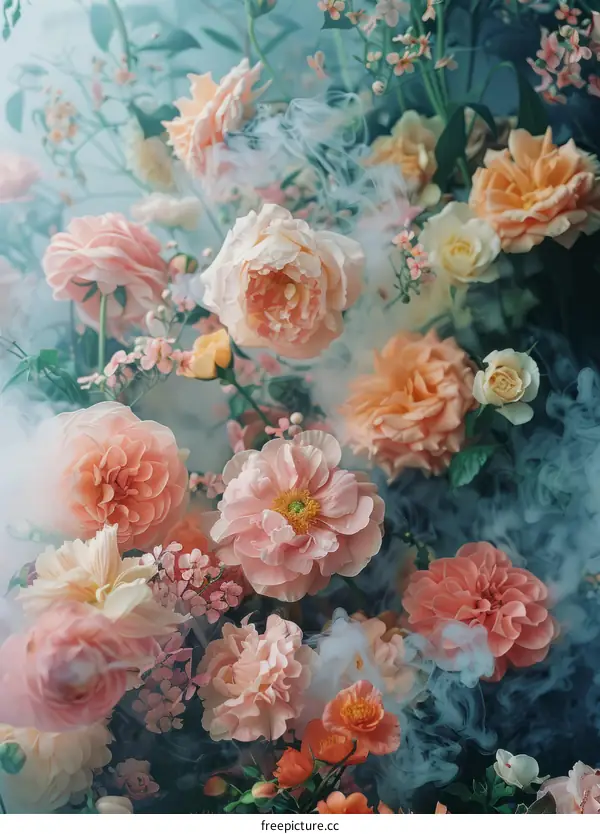 A beautiful bouquet of pink and orange flowers with a smoky background