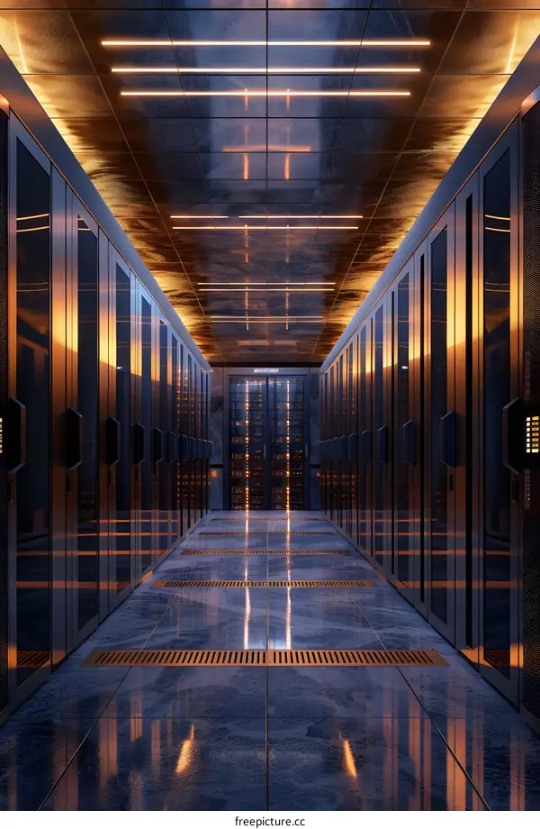 Futuristic data center with empty marble floor and illuminated ceiling