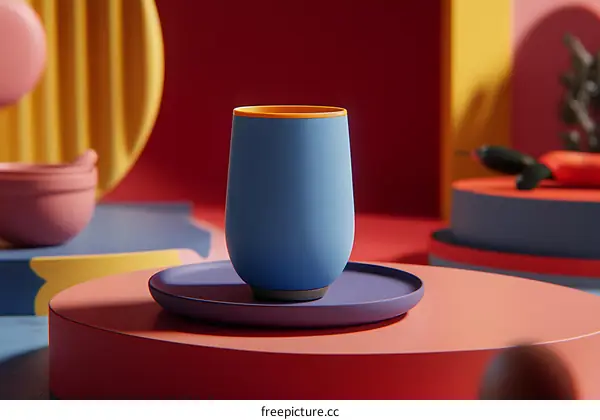 Blue Tumbler on Colorful Geometric Platform
