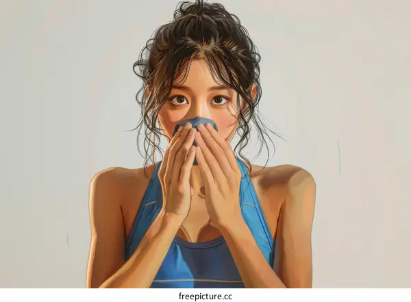 A woman in a blue sports bra is covering her nose with her hands