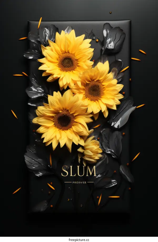 Black and yellow sunflowers with dew on the petals