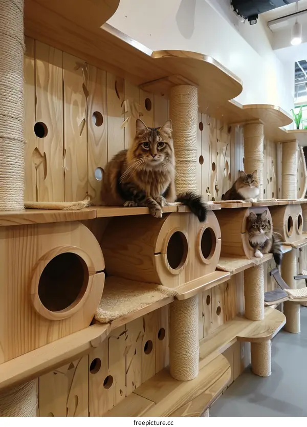Three cats sitting on a wooden cat tree