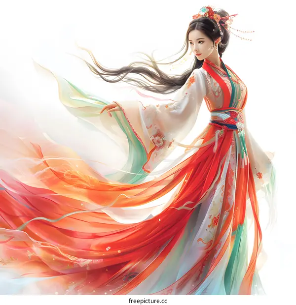 Beautiful Woman in Flowing Hanfu Dress