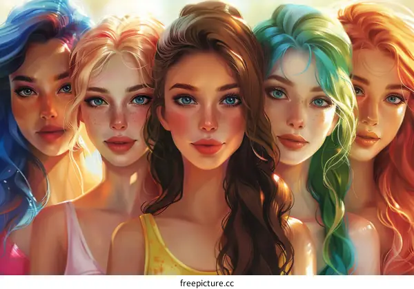 Five beautiful women with different hair colors