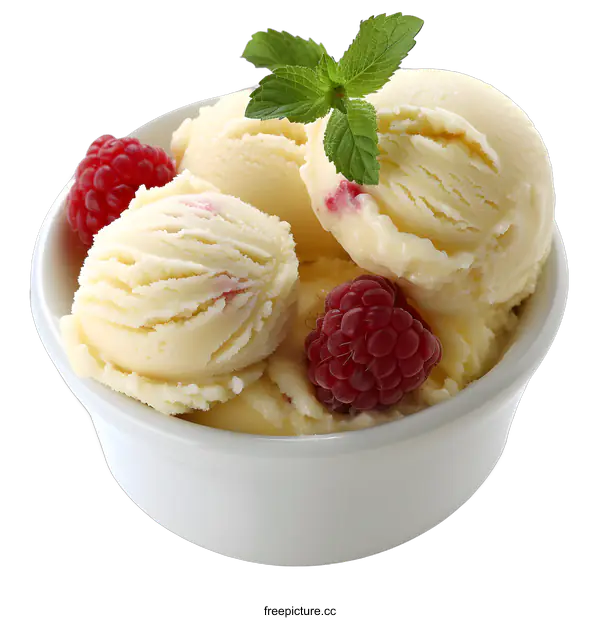 [Transparent Background PNG]Vanilla ice cream with raspberries and mint
