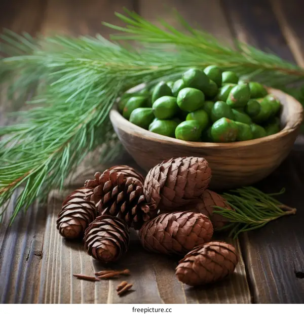 Pine cones and pine nuts on a wooden table