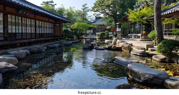Japanese Garden with Pond and Stone Pathway