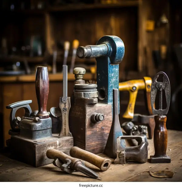 Collection of Vintage Tools on a Wooden Table