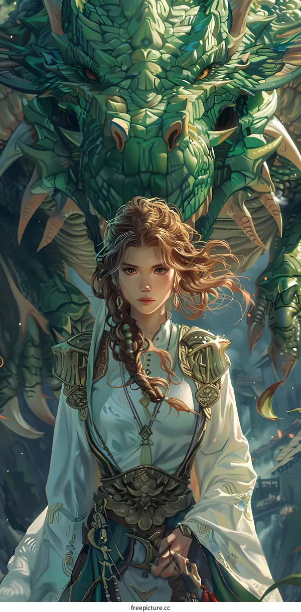 Woman with a Green Dragon in the Background