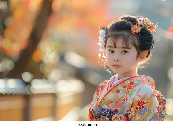 A cute little Japanese girl wearing a kimono