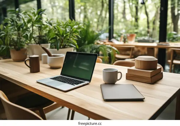 An open laptop sits on a wooden table in a lush green workspace