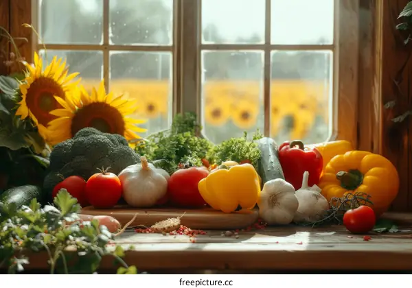 A bountiful harvest of fresh vegetables and spices from the garden